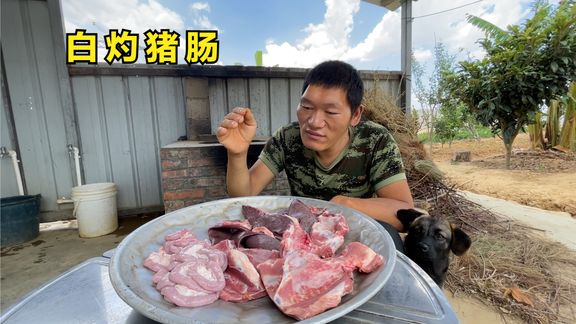 50块钱买了2斤多猪肠,不用翻洗直接白灼蘸辣椒面,流浪哥喜欢吃